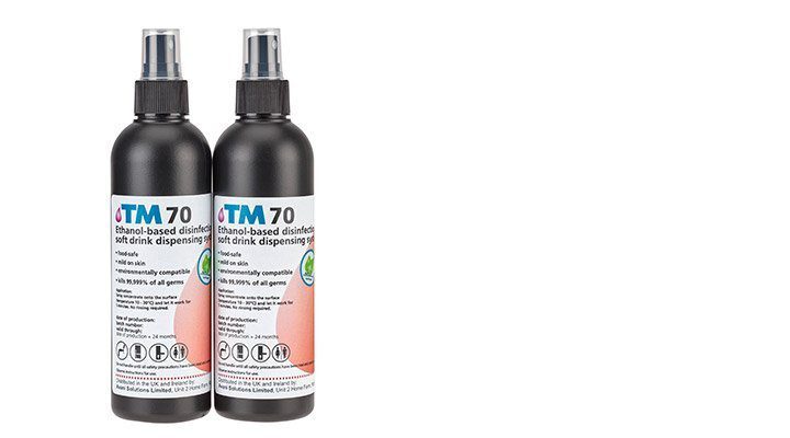 two bottles of TM70 ethanol sanitiser spray
